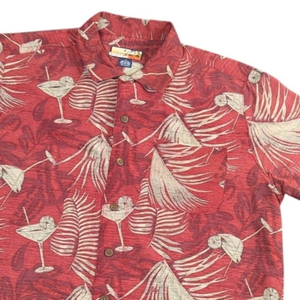 Havana Jacks Cafe Mens Medium Red 100% Silk Martini Tropical Button Up Shirt